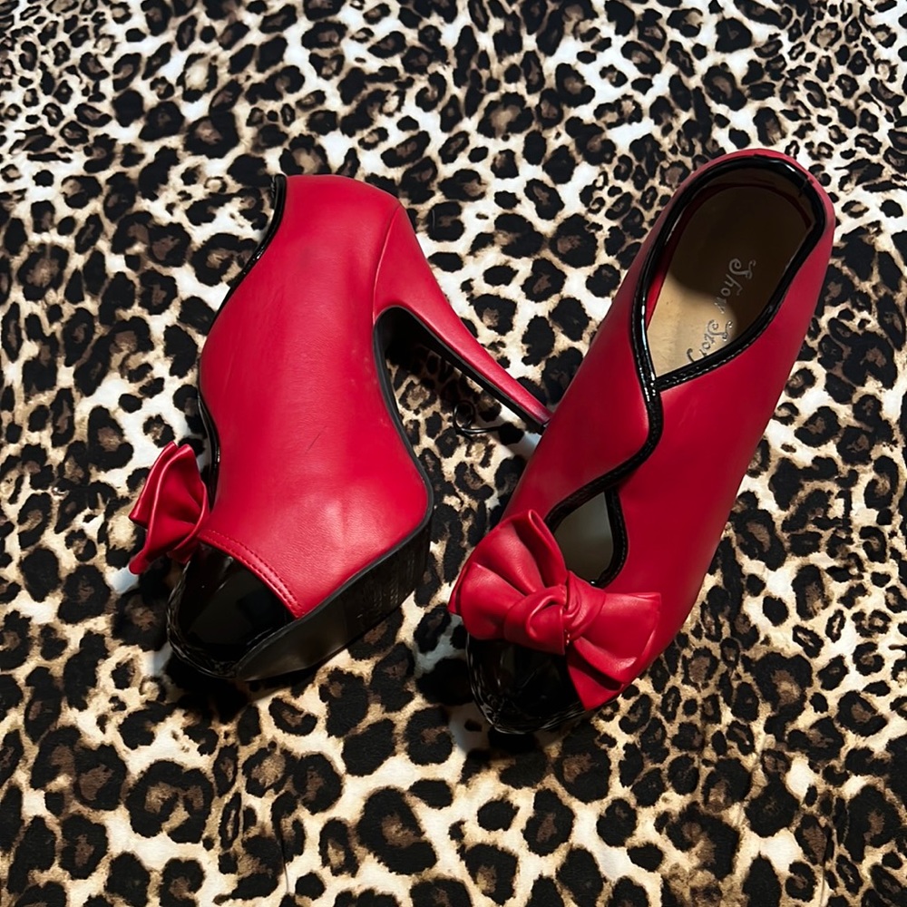 Red Platform Retro Booties with bow.